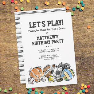 Sports Balls Athletic Birthday Party Invitation Kaart