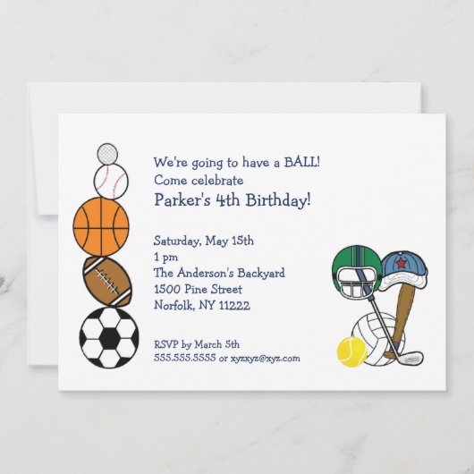 Sports Balls Birthday Party Invite voor kinderen Kaart (Voorkant)