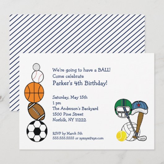 Sports Balls Birthday Party Invite voor kinderen Kaart (Voorkant / Achterkant)