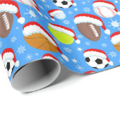 Sports Balls Wearing Santa's Hat Christmas Blue Cadeaupapier (Rol Hoek)