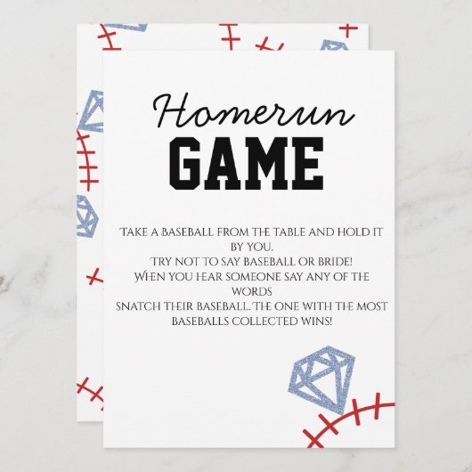 Sports Baseball Homerun Glitter Bridal Shower Game Kaart (Voorkant / Achterkant)