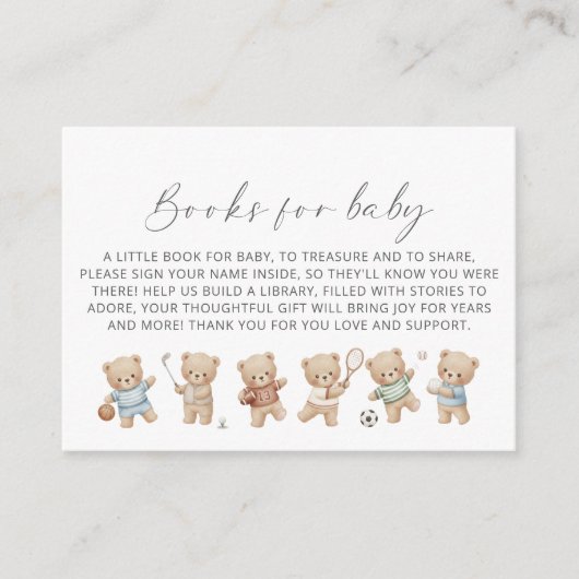 Sports bear baby shower bearly wait book request informatiekaartje (Voorkant)