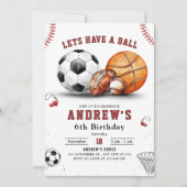 Sports Birthday Invite, Basketball Football Soccer Kaart (Voorkant)