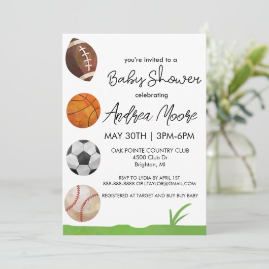 Sports de Met Baby shower gelijkgestelde uitnodigi Kaart (Staand voorkant)