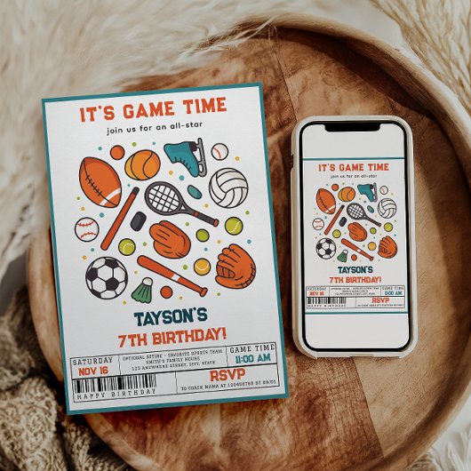 Sports Game Time All-Star 7th Birthday Party | Boy Kaart