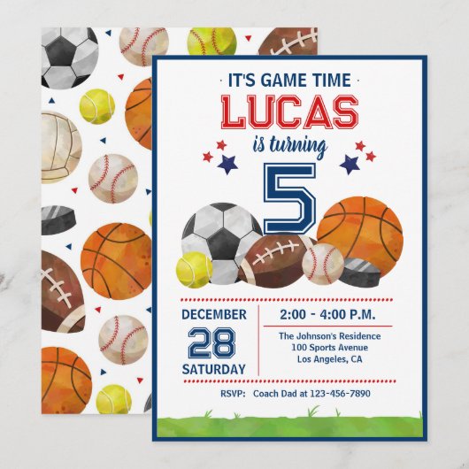 Sports Game Time All-Star Birthday Party Kaart (Voorkant / Achterkant)