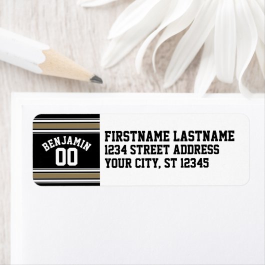 Sports Jersey Black and Gold Stripes Name Number Etiket (Insitu)