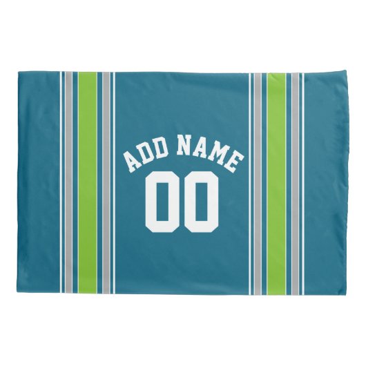 Sports Jersey Blauwgroen en Green Stripes Name Num Kussensloop (Achterkant)