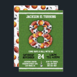Sports Threadballs 8th Birthday Party Invitation Kaart<br><div class="desc">Een bal op het verjaardagsfeestje van je kind met deze superleuke Sportballen in de vorm van een getal tegen groen gras. De achterkant heeft een assortiment van ballen,  basketbal,  football,  voetbal,  honkbal en golfballen. Andere leeftijden beschikbaar! Deze is voor een achtste verjaardag.</div>