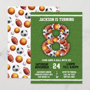 Sports Threadballs 8th Birthday Party Invitation Kaart