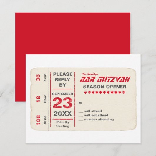 Sportster Star Bar Mitzvah RSVP Reply Card in Red (Voorkant / Achterkant)