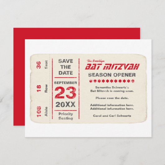 Sportsterbank Mitzvah slaat de datumkaart in rood  Save The Date (Voorkant / Achterkant)