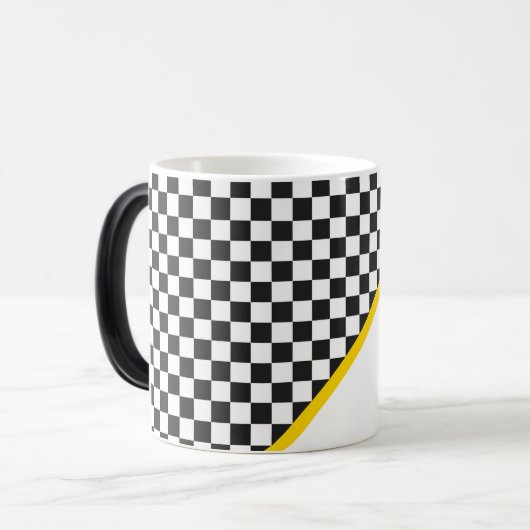 Sportteam kleuren zwart checkboard nummer magische mok (Voorkant links)