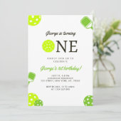 Sportthema 1e verjaardag van Pickleball Ball Paddl Save The Date (Staand voorkant)