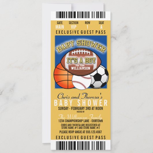 Sportthema (blauw/geel) Baby shower Kaart (Voorkant)