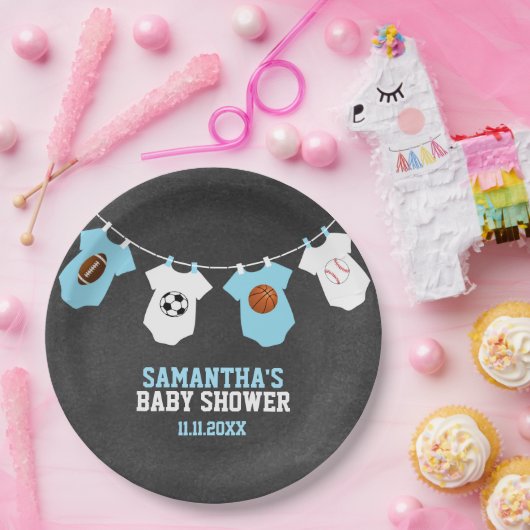 Sportthema Chalkboard Blue Boy Baby shower Papieren Bordje (Feest)