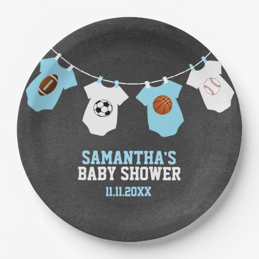Sportthema Chalkboard Blue Boy Baby shower Papieren Bordje (Voorkant)