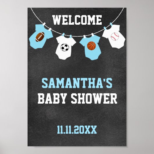 Sportthema Chalkboard Blue Boy Baby shower Poster (Voorkant)
