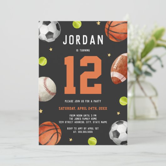 Sportthema Sinaasappel Grijs Verjaardagsfeest Kaart (Staand voorkant)