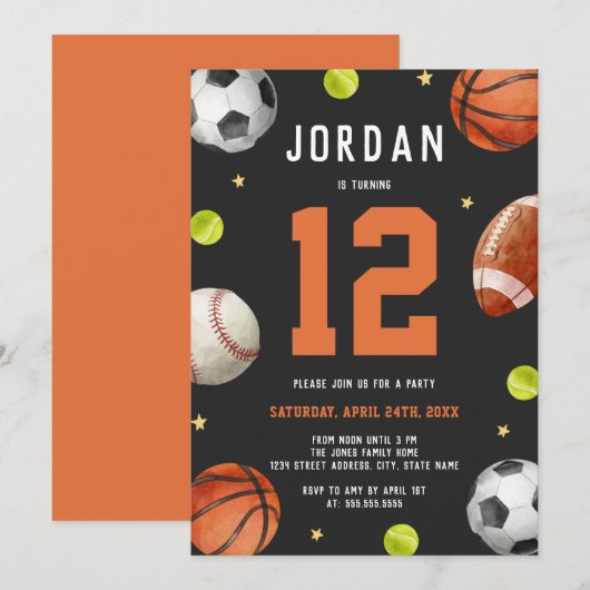 Sportthema Sinaasappel Grijs Verjaardagsfeest Kaart (Voorkant / Achterkant)