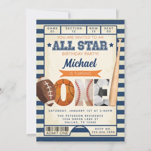 Sportticket 1e verjaardagsfeestje kaart (Voorkant)