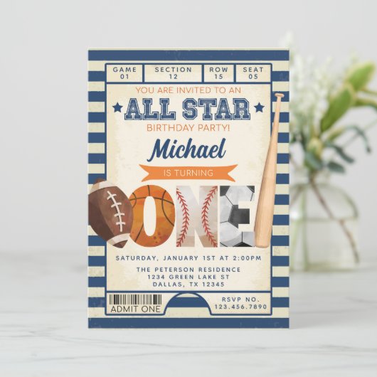 Sportticket 1e verjaardagsfeestje kaart (Staand voorkant)