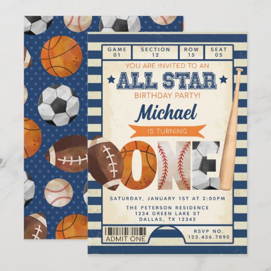 Sportticket 1e verjaardagsfeestje kaart (Voorkant / Achterkant)