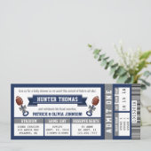 Sportticket Baby shower Invitation, blauw, grijs Kaart (Staand voorkant)