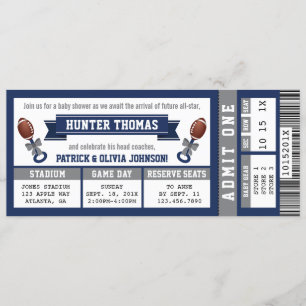 Sportticket Baby shower Invitation, blauw, grijs Kaart
