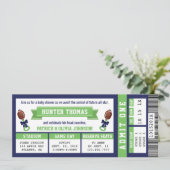 Sportticket Baby shower Invitation, Blauw, Groen Kaart (Staand voorkant)