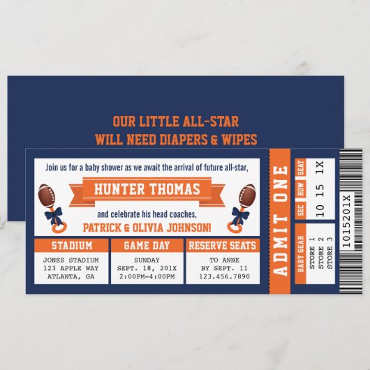 Sportticket Baby shower Invitation, blauw, Sinaasa Kaart (Voorkant / Achterkant)