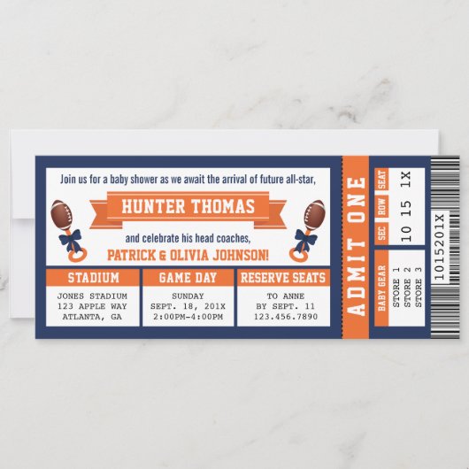 Sportticket Baby shower Invitation, blauw, Sinaasa Kaart (Voorkant)