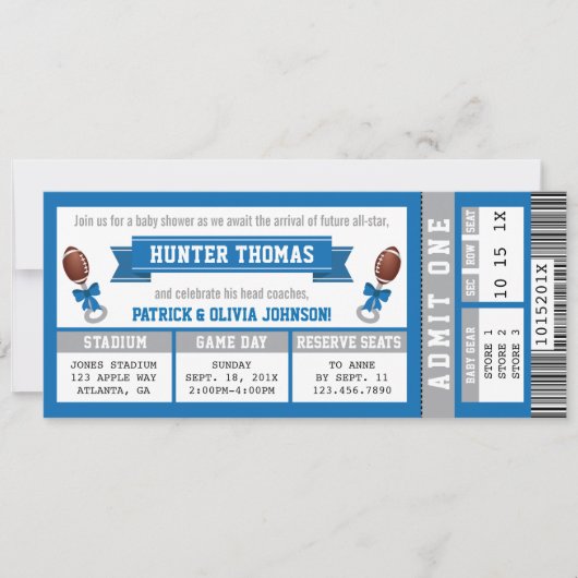 Sportticket Baby shower Invitation, Blauw, Zilver Kaart (Voorkant)