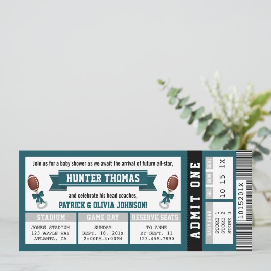 Sportticket Baby shower Invitation, Groen, Grijs Kaart (Staand voorkant)