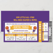 Sportticket Baby shower Invitation, Paarse, Gold Kaart (Voorkant / Achterkant)