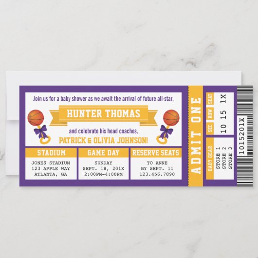 Sportticket Baby shower Invitation, Paarse, Gold Kaart (Voorkant)