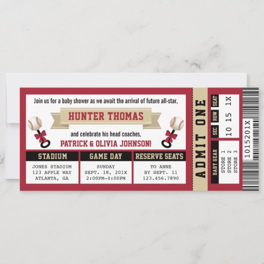 Sportticket Baby shower Invitation, Rood, Tan Kaart (Voorkant)