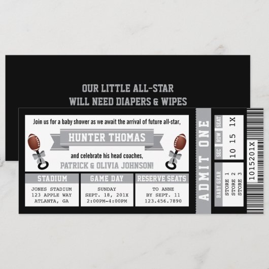 Sportticket Baby shower Invitation, Zwart, Grijs Kaart (Voorkant / Achterkant)