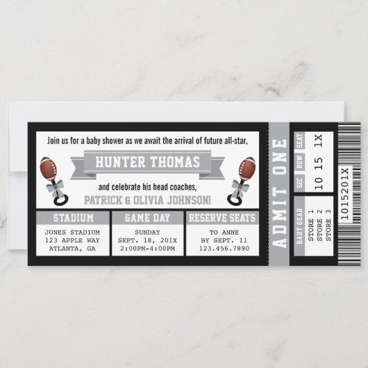 Sportticket Baby shower Invitation, Zwart, Grijs Kaart (Voorkant)