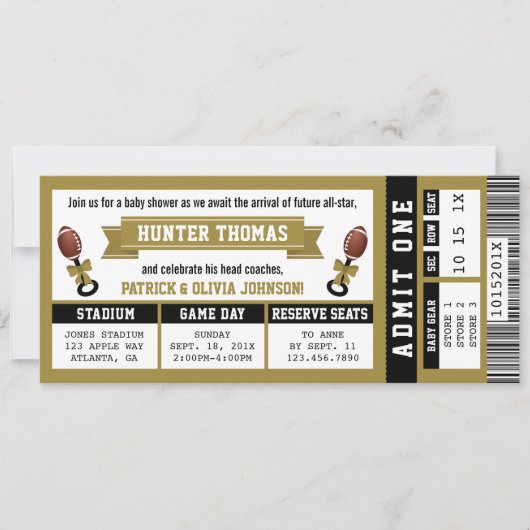 Sportticket Baby shower uitnodiging, zwart, goud Kaart (Voorkant)