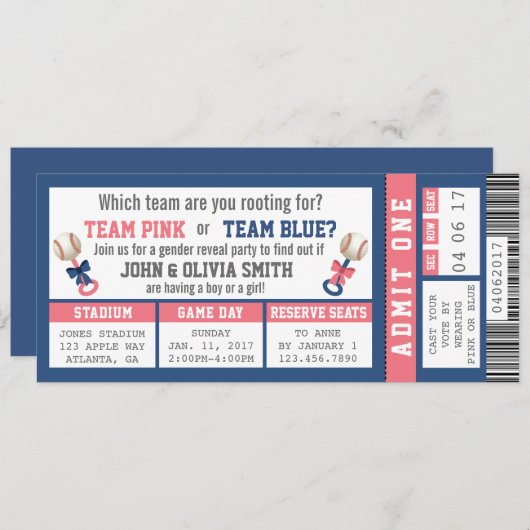 Sportticket Geslacht onthullen uitnodiging, honkba Kaart (Voorkant / Achterkant)