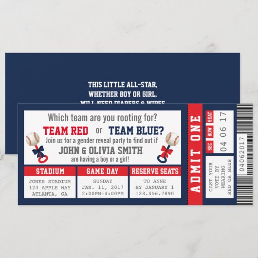 Sportticket Geslacht onthullen uitnodiging, honkba Kaart (Voorkant / Achterkant)