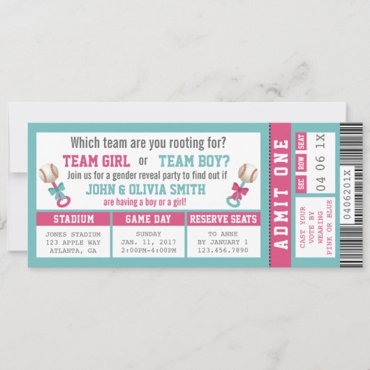 Sportticket Geslacht onthullen uitnodiging, honkba Kaart (Voorkant)