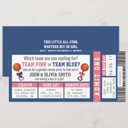 Sportticket Geslacht Onthulling Uitnodiging, Baske Kaart (Voorkant / Achterkant)