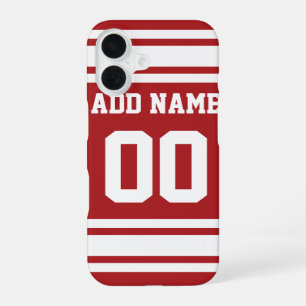 Sporttrui Rood Wit Naam en Nummer iPhone 16 Hoesje
