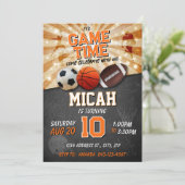 Sportverjaardag uitnodiging Voetbal Basketbal Foot (Staand voorkant)