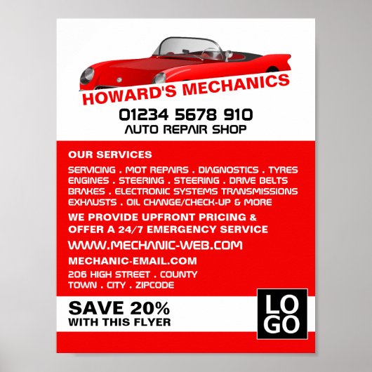 Sportwagen, Auto Mechanic & Reparaties Adverteren Poster (Voorkant)