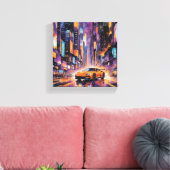 Sportwagen in het moderne stadsnachtlandschap canvas afdruk (Insitu (Woonkamer))