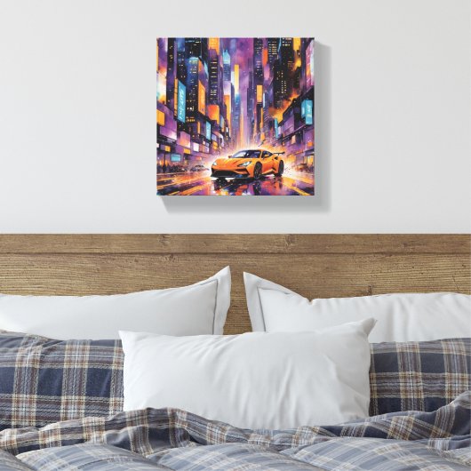 Sportwagen in het moderne stadsnachtlandschap canvas afdruk (Insitu (Slaapkamer))
