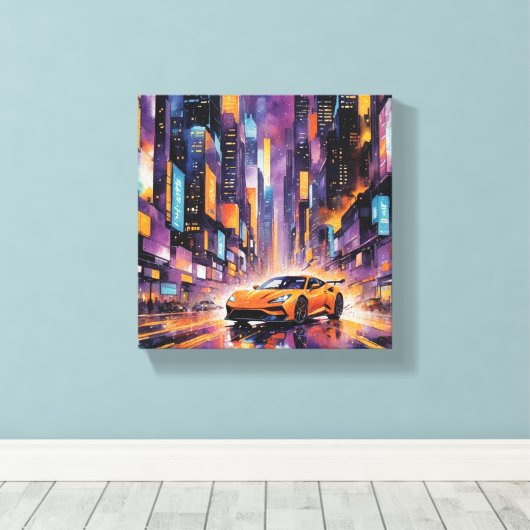 Sportwagen in het moderne stadsnachtlandschap canvas afdruk (Insitu (Houten vloer))